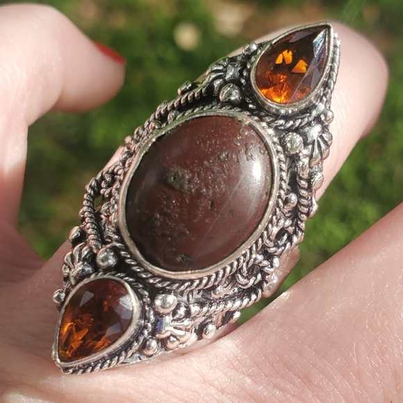 New Bloodstone & Golden Topaz Double Crescent Moon 925 Silver Statement Ring. - Picture 2 of 16